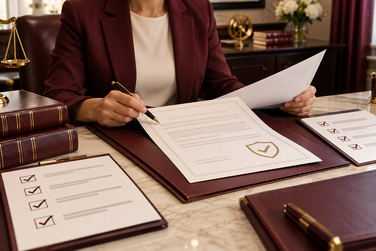 Faceless insurance agency team working with insurance policy forms for compliance check