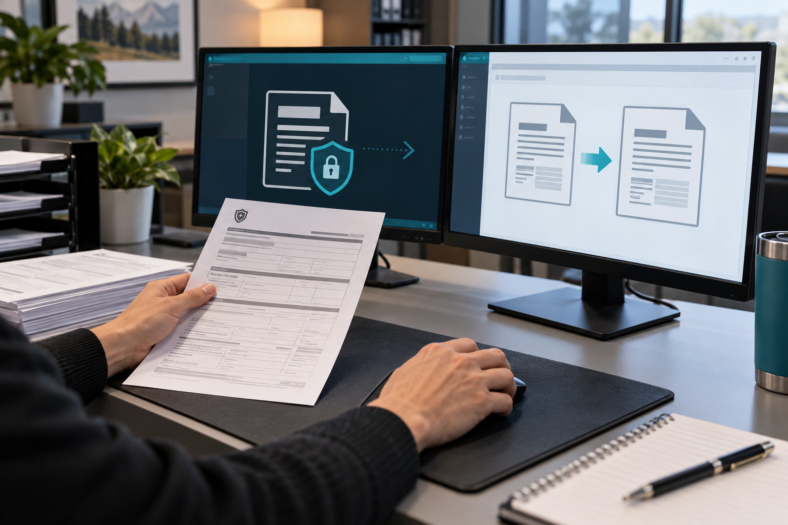 Faceless insurance agency team working with insurance policy forms for edit copies