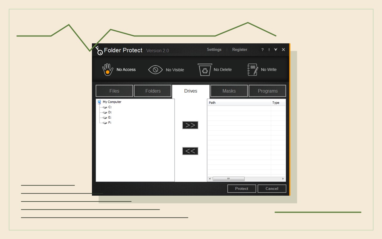 Folder Protect drive view interface for policy form testing