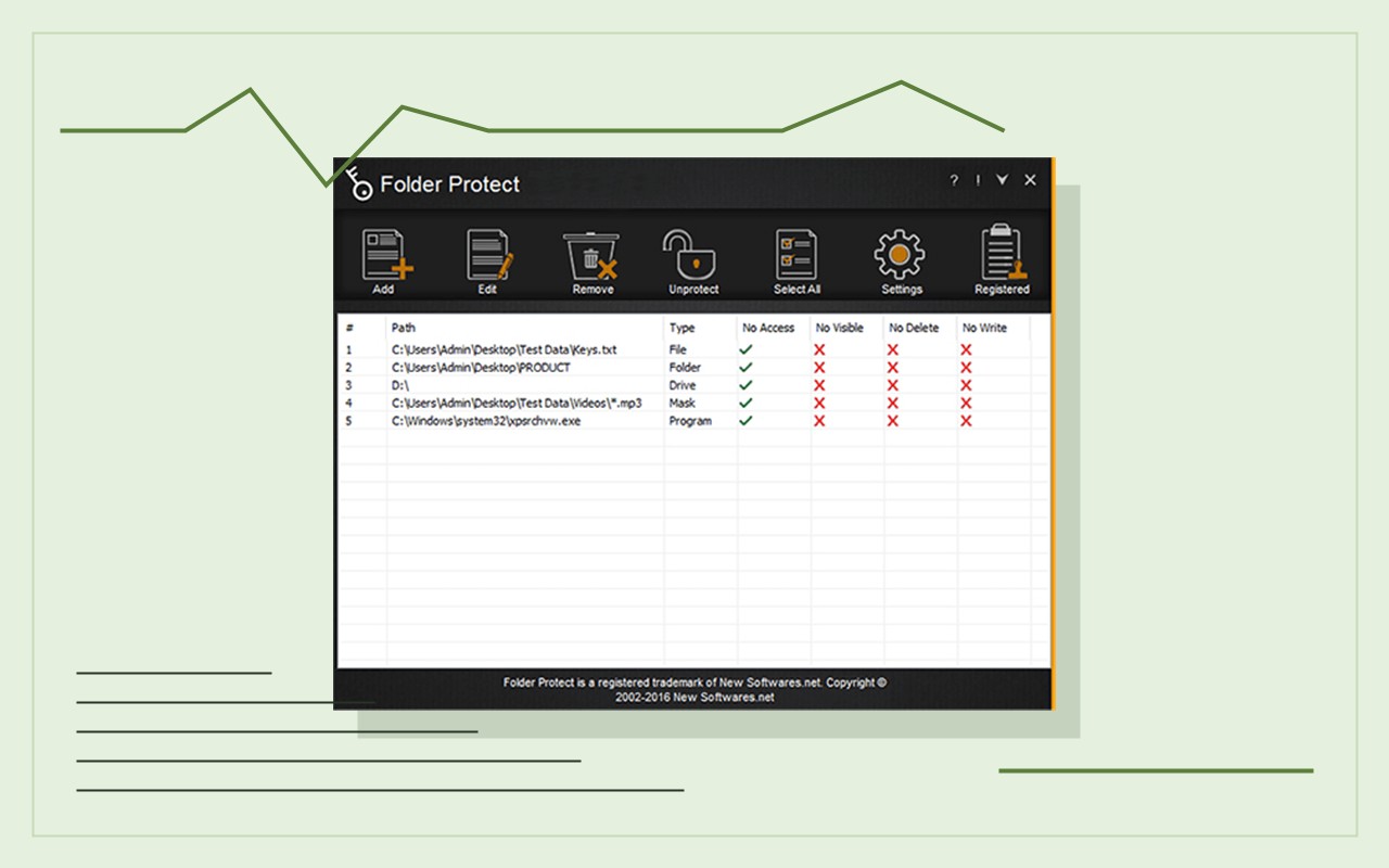 Folder Protect main console interface for policy form testing