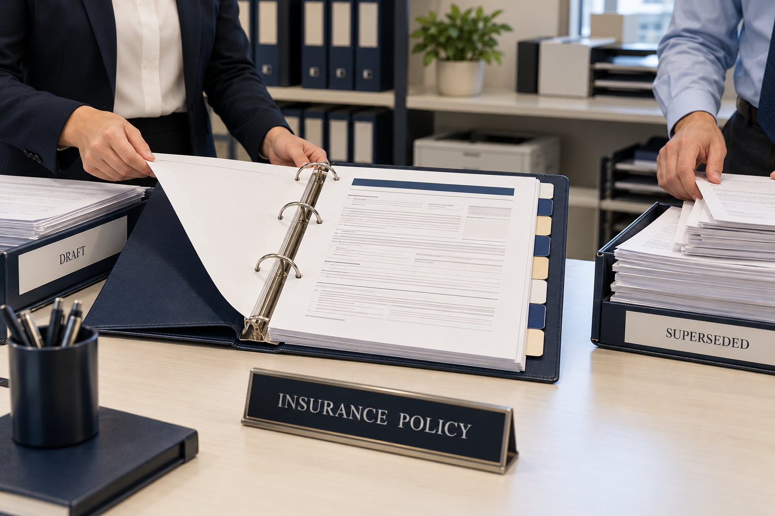 Faceless insurance agency team working with insurance policy forms for master scope