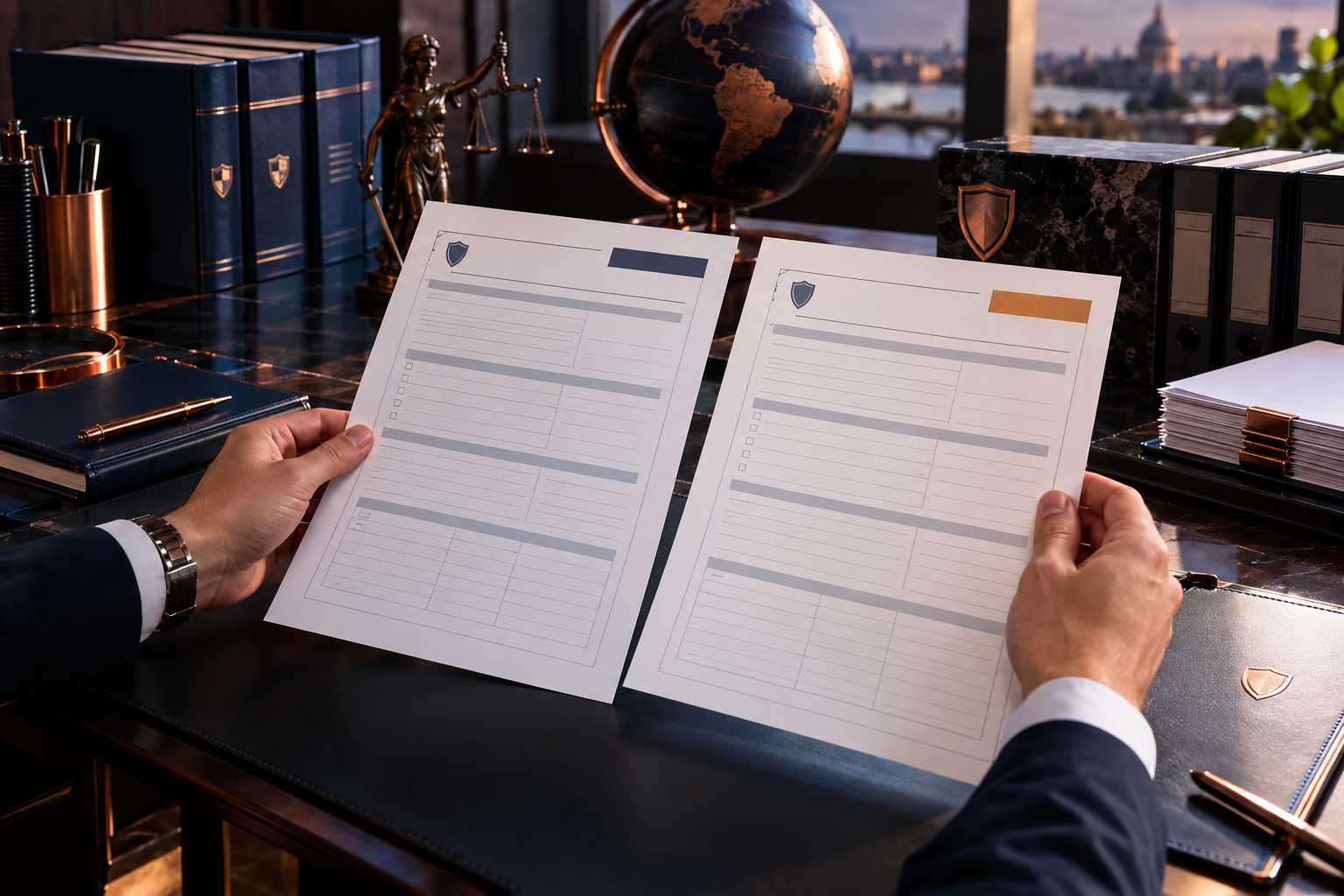 Faceless insurance agency team working with insurance policy forms for version proof